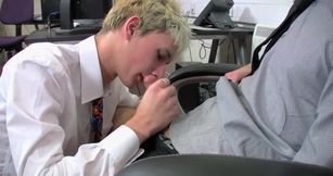 Blonde office lad sucks his colleague's cock and gets laid