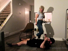 Light femdom and foot fetish play with brunette