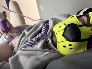 Yellow pup humps buzz wand and desperately tries to cum in soggy diaper