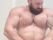 Bodybuilder Sweaty Naked Flex Before Shower. Beefy Big Hairy Musclebear Alpha Hung Cock Bull Cocky