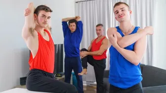 Daddies Manuel and Rocky swap their twinks for hot gym foursome breeding