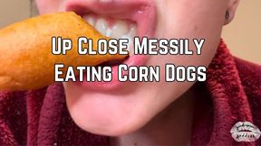 Up Close Eating Corn Dogs 1080p - Mukbang - ASMR - Eating Food - Messy Eating - Teeth - Mouth Fetish - Chewing Sounds