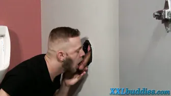 Chubby guy deepthroats big cock through gloryhole and gets fucked bareback