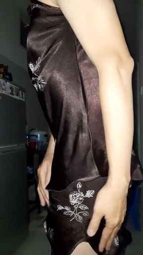 Crossdresser Cum Wearing Satin Silk Set