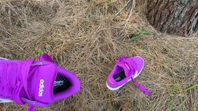 Fucking and cumming outdoors in the park with the wife's new pink Adidas sneaker. First cumshot on him