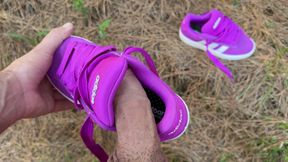 Fucking and cumming outdoors in the park with the wife's new pink Adidas sneaker. First cumshot on him