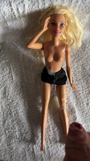 3 Cumshots on Barbie Doll after wanking my dick