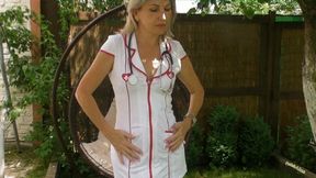 Nurse Striptease with Latex Gloves outdoors