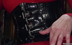 Femdoms in latex anal fucks man slave