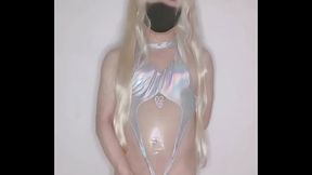 Femboy in See-Through Shiny Silver Racing Swimsuit Releases Her Femboy Juices