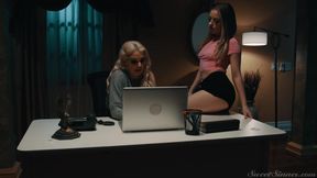 Blonde beauty entices with irresistible charm in a daring lesbian affair