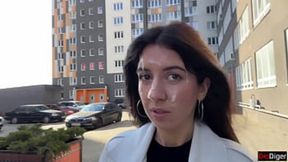 Wife seduces husband in entrance &mdash;  walks public with cum on face - cumwalk