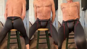 stretch on stool with workout pants and groin brace