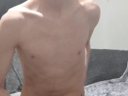 Very skinny teen masturbates and shows off his skinny ribs and has amazing leg orgasm cumshot