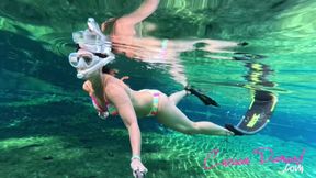 Carissa swimming in a bikini and her alter ego (mermaid form)