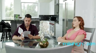 Red-haired MILF Natasha Nice teases Ryan Driller in the kitchen before moving to the bedroom