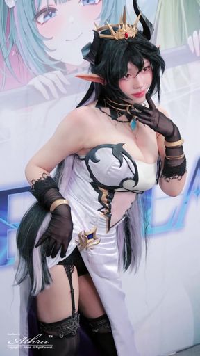 Curvy Chinese cosplay girl plays with herself