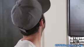 Bigtitted CFNM femdoms banging cheeky voyeur
