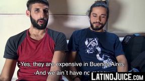 Bearded latinos Ramiro and Sebas touch each others throbbing cocks
