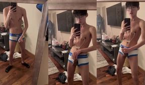 Hung twink jerks off in mirror with nipple clamps gagging his cock