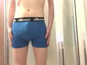 College Twink Peeing all over body and blue trunks