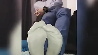 Latino master gets foot worship in office with sheer nylon socks