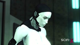 Hot futanari sex android with many boobs plays with a young horny hottie in the sci-fi lab