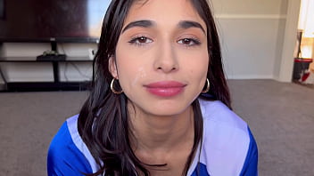 Latina cheerleader with perfect body sucks cock and swallows cum