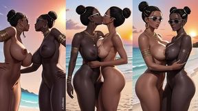 beautiful ebony dance and kiss on beach (ai animation)