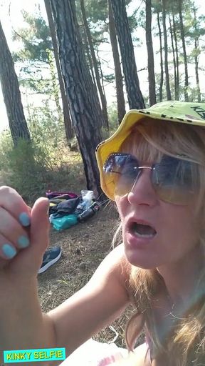 Kinky selfie - quick fuck in the forest. Blowjob, ass licking, doggy style, cum on face. Outdoor sex