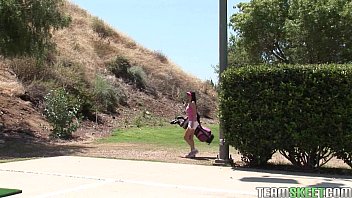 Brunette with big tits gets fucked hard after golfing