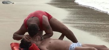 Lifeguard bangs cute jock after saving him nude on