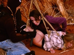 Degrading ass to mouth for two girls tied to tree outdoors