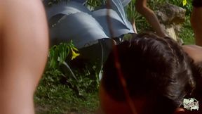 Asian threesome in the garden - Big Tits & Big Cock