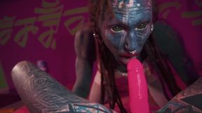 Ladyboy gets wrecked anal POV by tattooed top sluts strap on