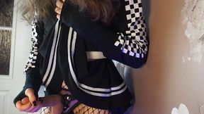 Desperated femboy masturbates his fake dick while humping dildo