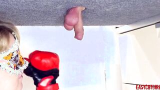 Blonde slides on boxing gloves and makes a chop of