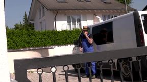 Sexy blonde with nice pussy gets fucked by the car in the garage