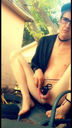 Bouncing on My Toy with My Cock Locked up Outdoor!