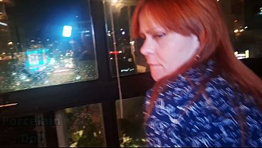 Redhead sees man masturbating at the window and decides to help him