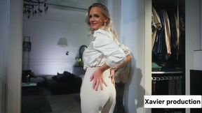 Your boss as a lover. Blonde slut with big boobs. The boss ask her to start with a strip then he massages her pussy with his fingers and she asks him