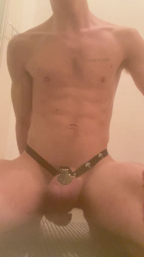 Caged twink tries to cum from anal