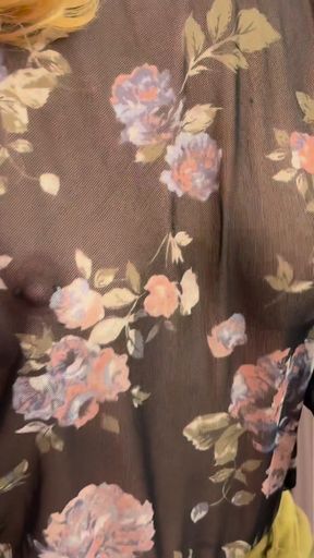 Trying my new sheer blouse in a caffe, showing my hard pierced nipples in public.   Clip 2