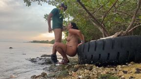 Big Ass Latina MILF blows cock on public beach
