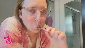 Brushing Teeth and Scrubbing Tongue with mouth and tongue exam