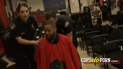 Horny cops arrive at a barbershop to fuck a black mature man with a massive cock just for fun