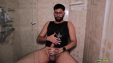 Camilo Brown Intensely Edging His Big Cock Shooting His Cum Multiple Times And Squirting On His Black Shirt