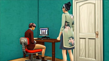 Asian stepmom catches her stepson masturbating in front of the computer and decides to help him have sex with her for the first time - Japanse and