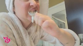 Brushing Teeth and Scrubbing Tongue with White Hair Towel and Bath Robe