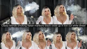 Classy blonde smoking Italian marlboro black close up in low cut white dress!